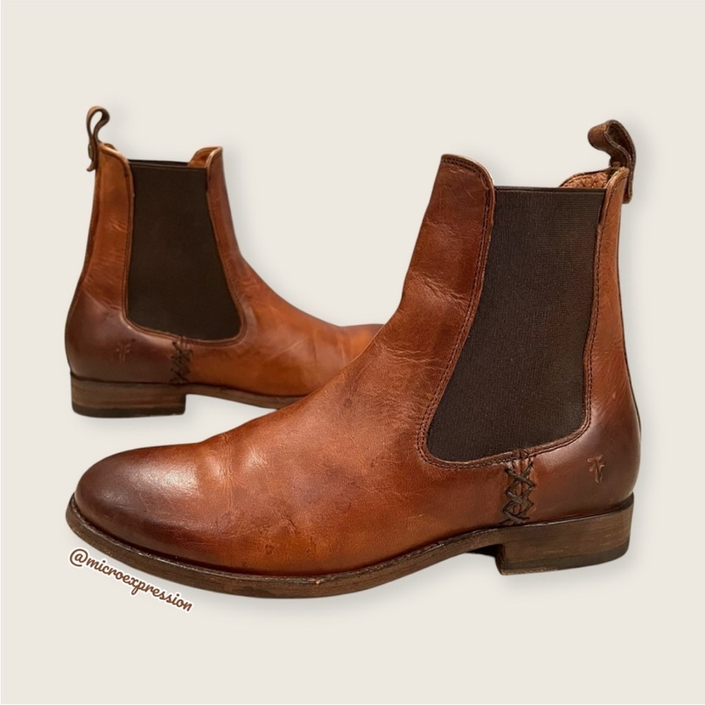 Frye Melissa Chelsea Cognac Brown Leather Comfy Low Heel Casual Short Ankle Boot - Picture 9 of 16